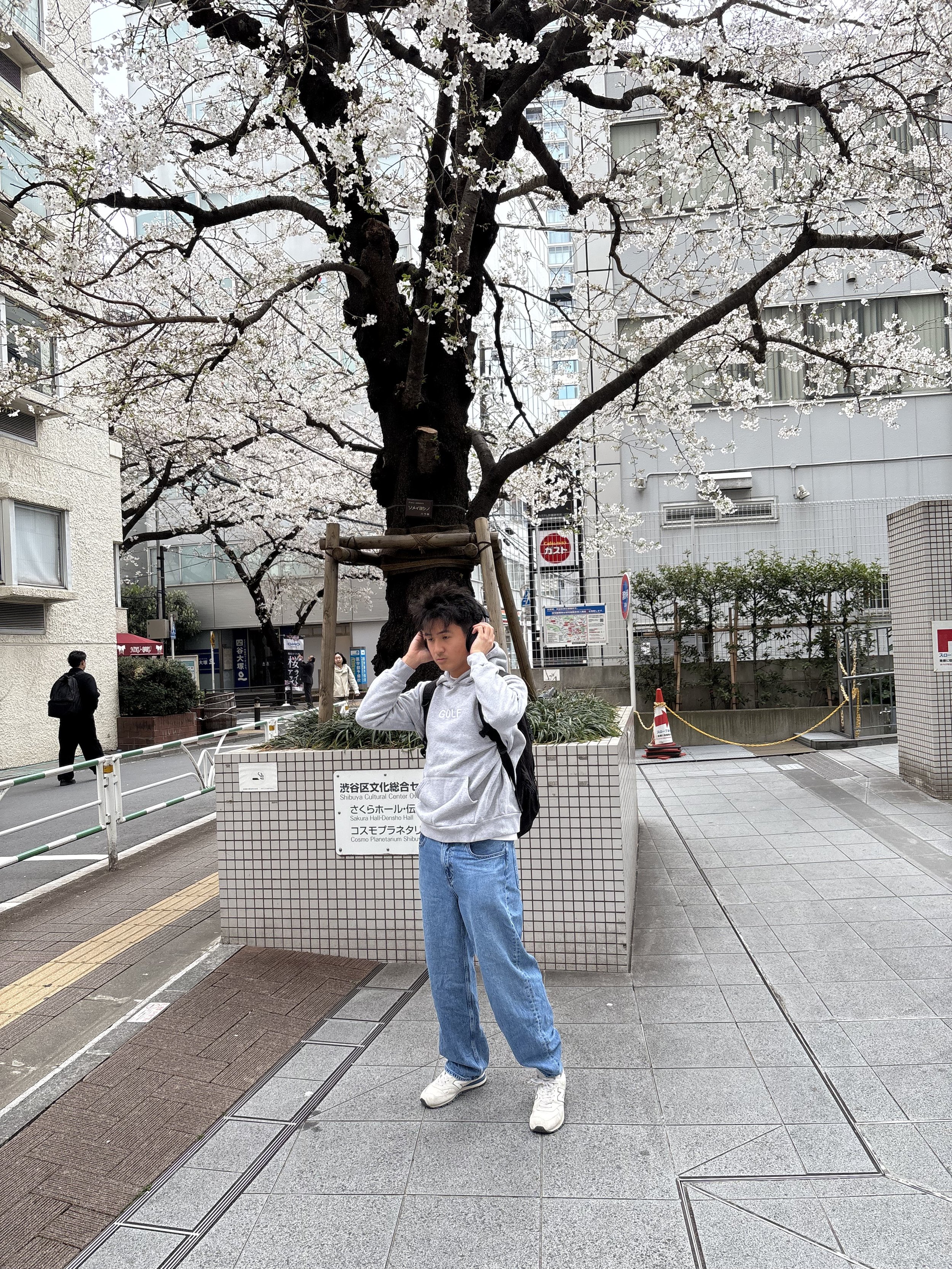 Young man with a backpack and headphones standing on a city sidewalk, in front of a blossoming cherry blossom tree, with pedestrians and urban buildings in the background.