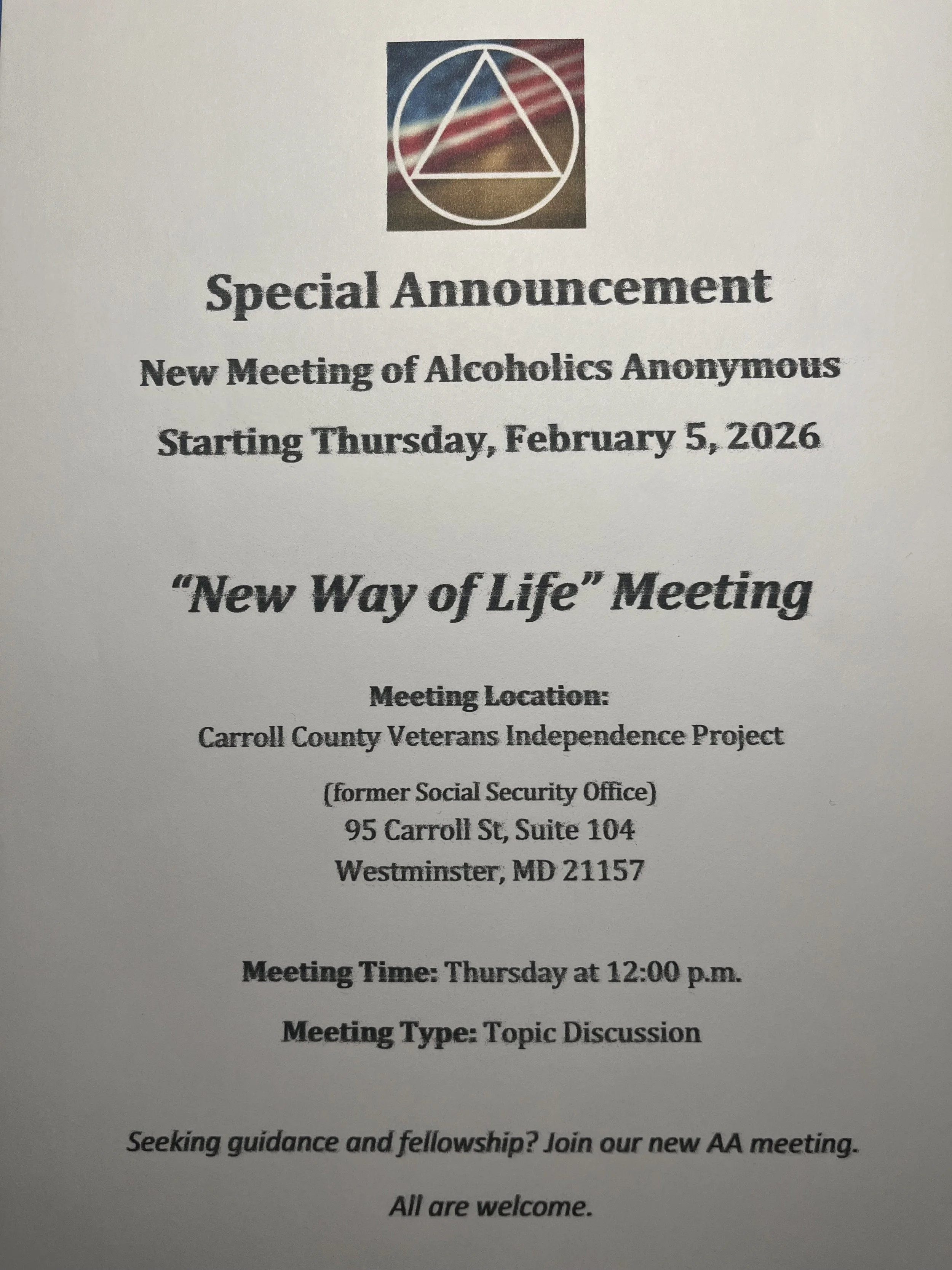 “New Way of Life” NEW AA MEETING ‼️ 