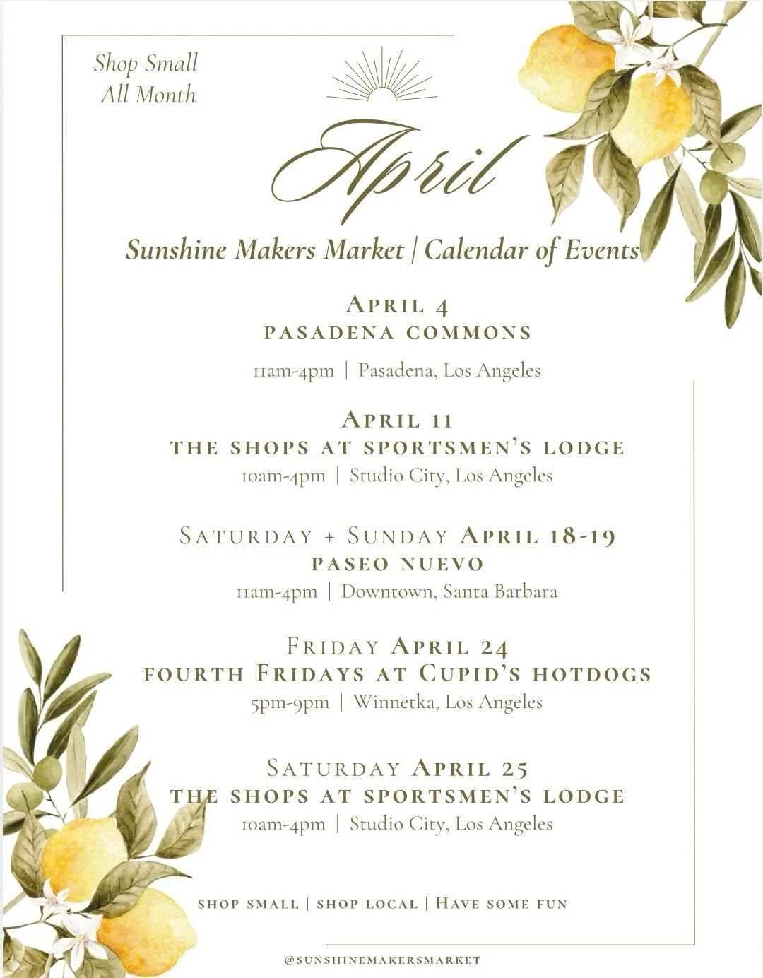 ☀️APRIL☀️ Spring has sprung and Sunshine Makers Market is here every weekend to make shopping small and local (and having a ball) easy as pie!

Bring your BFF, your boo, the dog and the whole family for the Best Saturday Ever!

We can&rsquo;t wait to