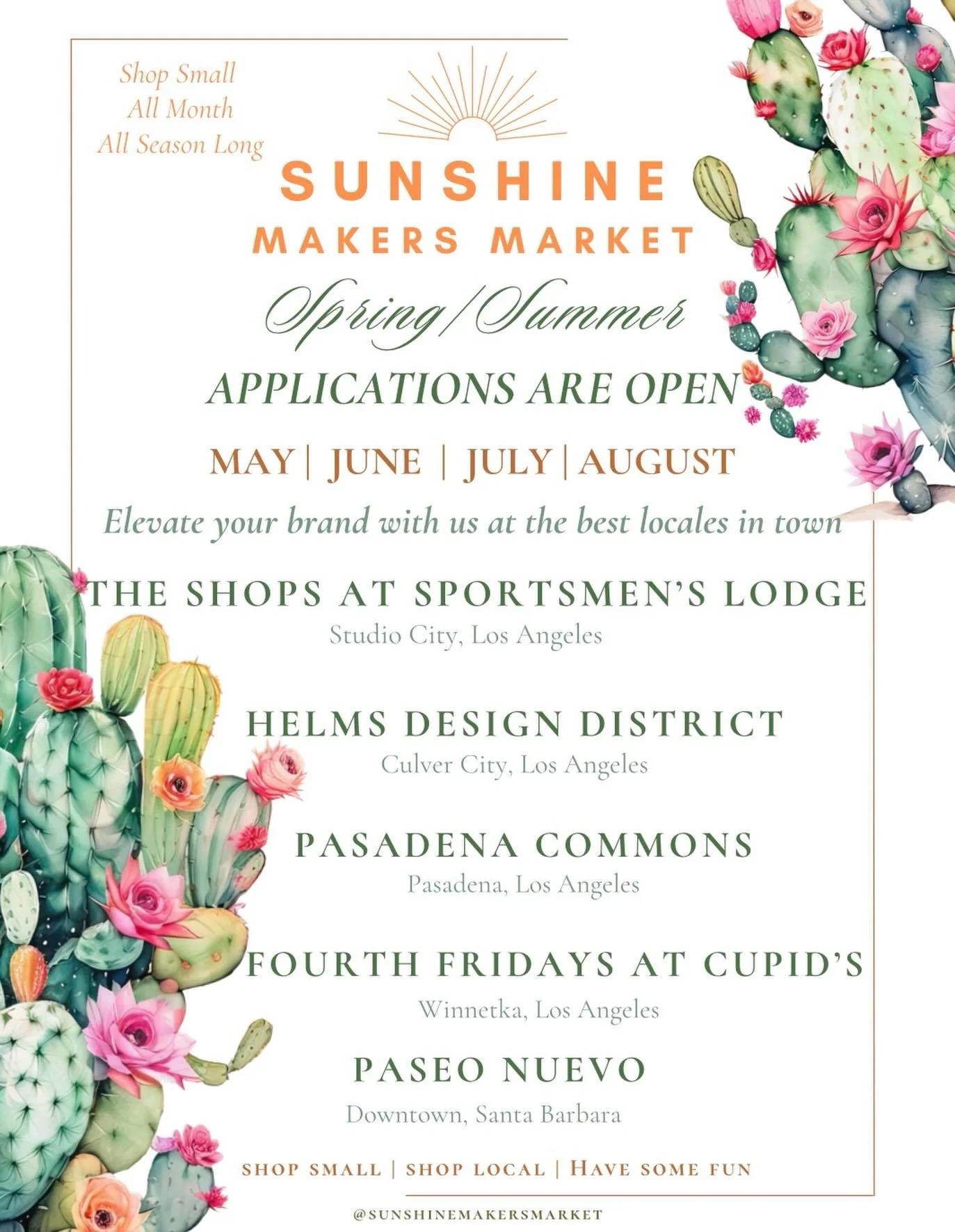SUNSHINE ALL SPRING + SUMMER LONG!☀️ JOIN US! Applications are now open for an amazing season of markets to come. We&rsquo;re thrilled to host some of the best creatives in town at The Best locales in Los Angeles! 

Been wanting to get your brand, co