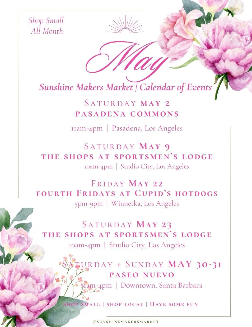 ☀️MAY EVENTS☀️ We have so many magical opportunities to shop small and local, find your favorite new small business, make new friends, dance and bask in community this Spring- and May is full of them!!

Be sure to RSVP to the next Sunshine Makers Mar