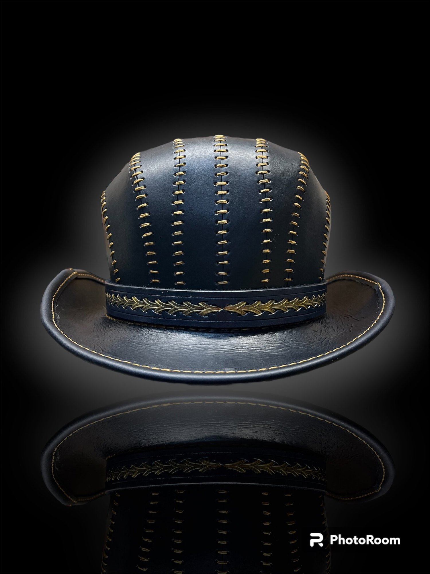 ANTIQUE/ VINTAGE LEATHER BOWLER HAT HANDMADE W/ STRAP ADJ. DECORATIVE BRIM antique-bowler-hat-1920-  main image 2