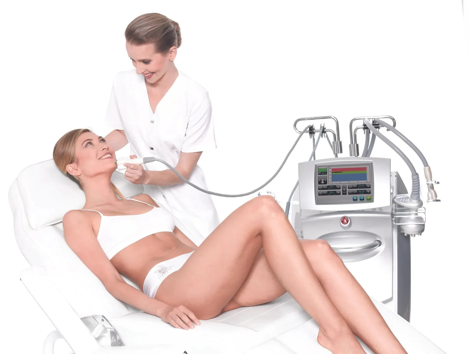 Medical aesthetic treatment with a professional using a machine on a patient in a spa setting.
