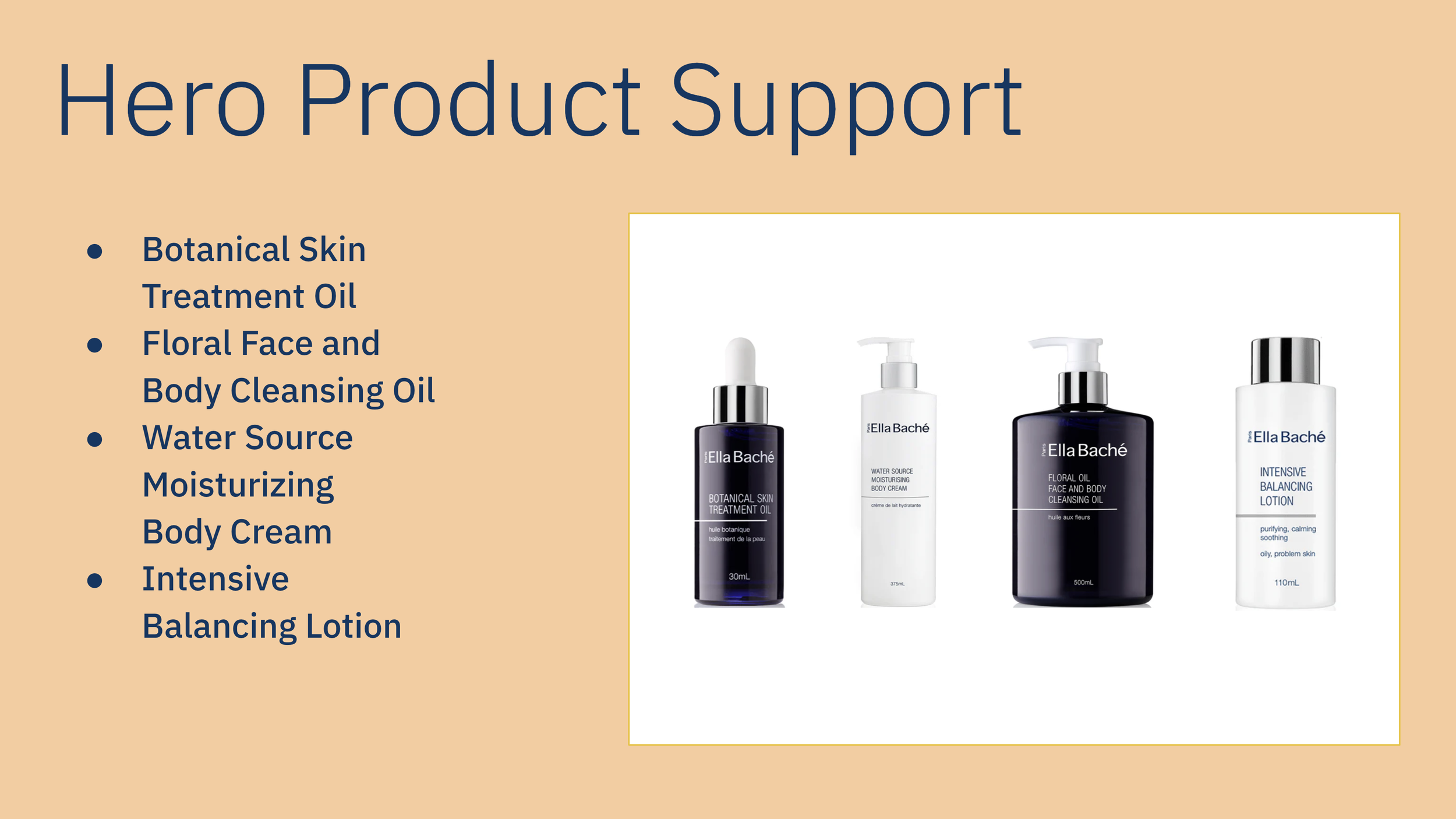 Skin care products including botanical oil, cleansing oil, body cream, and balancing lotion from Ella Baché with descriptive text on a peach background.