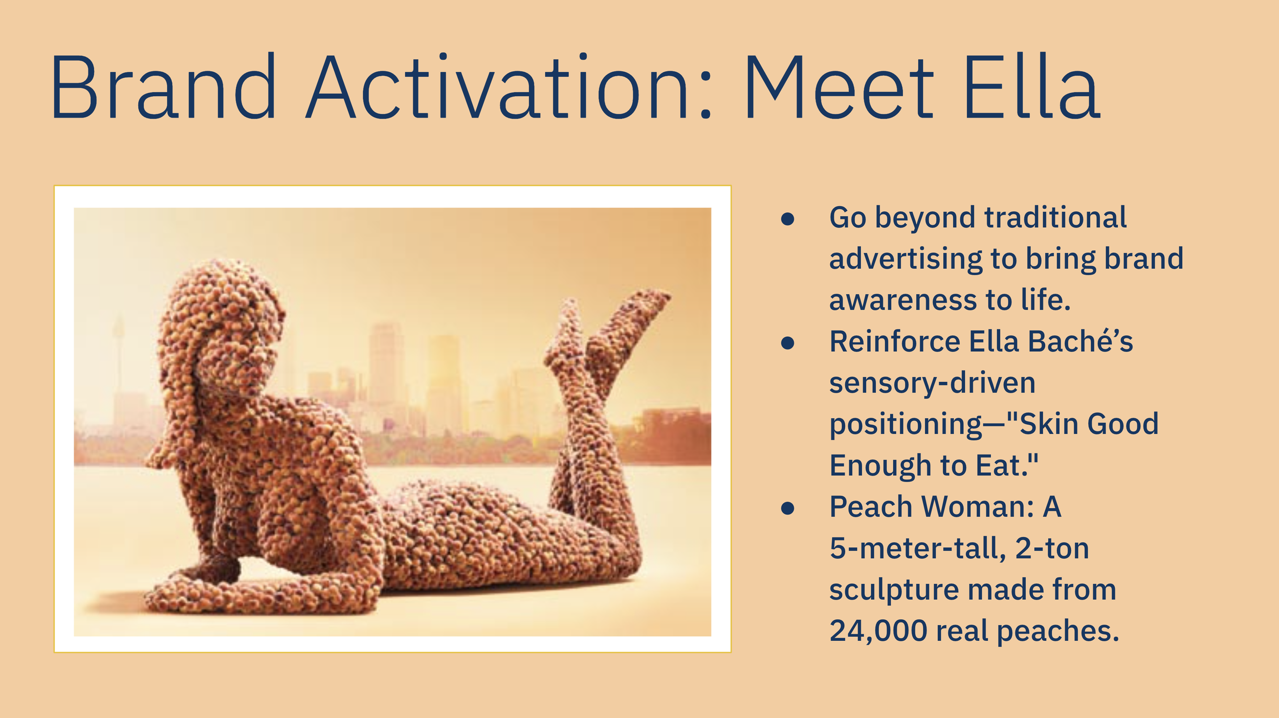 An image titled "Brand Activation: Meet Ella" features a sculpture of a woman made from thousands of peaches. The text highlights that the sculpture, named "Peach Woman," is 5 meters tall, weighs 2 tons, and uses 24,000 real peaches. It promotes Ella