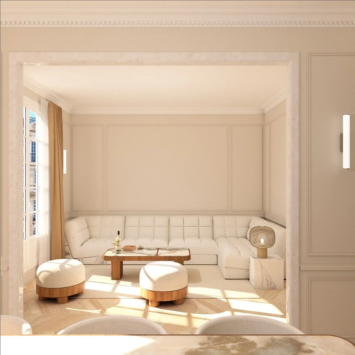 Lumi&egrave;re naturelle, mat&eacute;riaux clairs et lignes soign&eacute;es. Un aper&ccedil;u du projet en cours dans le 7e arrondissement de Paris, imagin&eacute; par @studio_e2ms et actuellement en chantier avec Aurelia R&eacute;novation.

#Archite