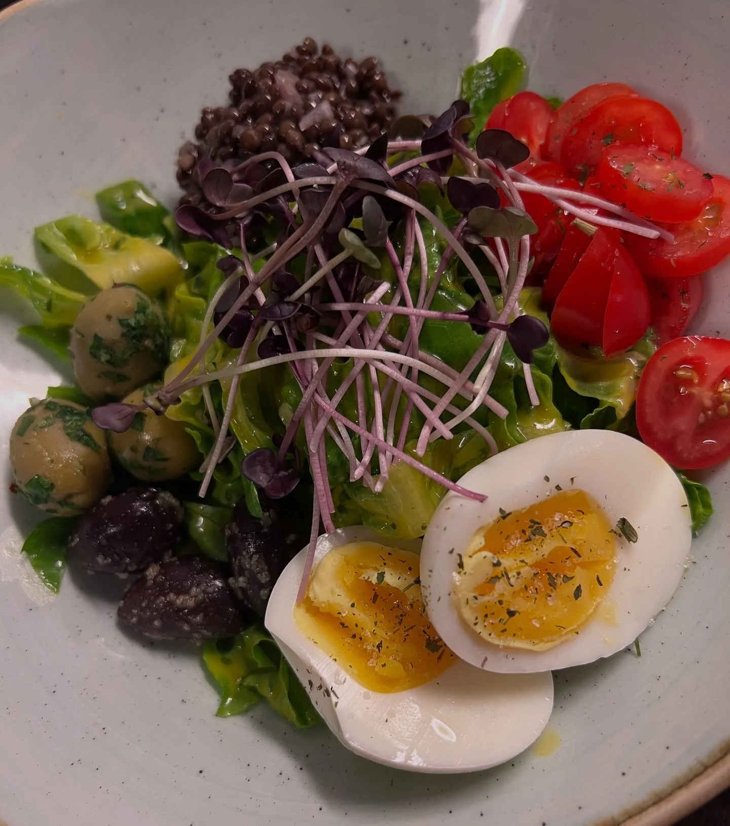 Bunter Salat, Mango Limetten Dressing, Ei, Oliven, Tomaten, Linsen Salat &hearts;️
#zurfischerin #essen #salat #restaurant #lindau