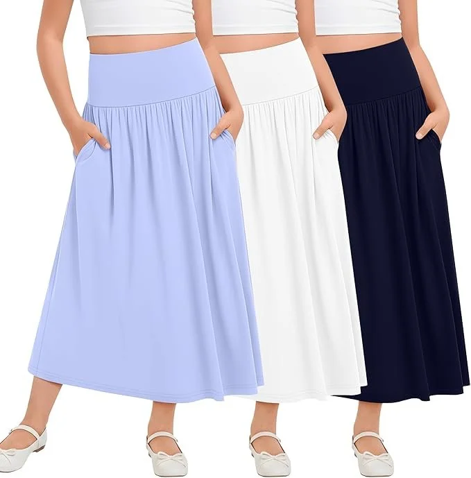 LessonZoo 3-Pack Girl's Maxi Skirts, elastic waist - color Light Blue, White, Navy Blue.jpg