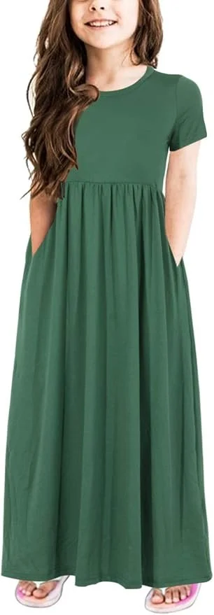 Gorlya Girl's Maxi Dress Short Sleeve - Color Green (Emerald Green Solid).jpg