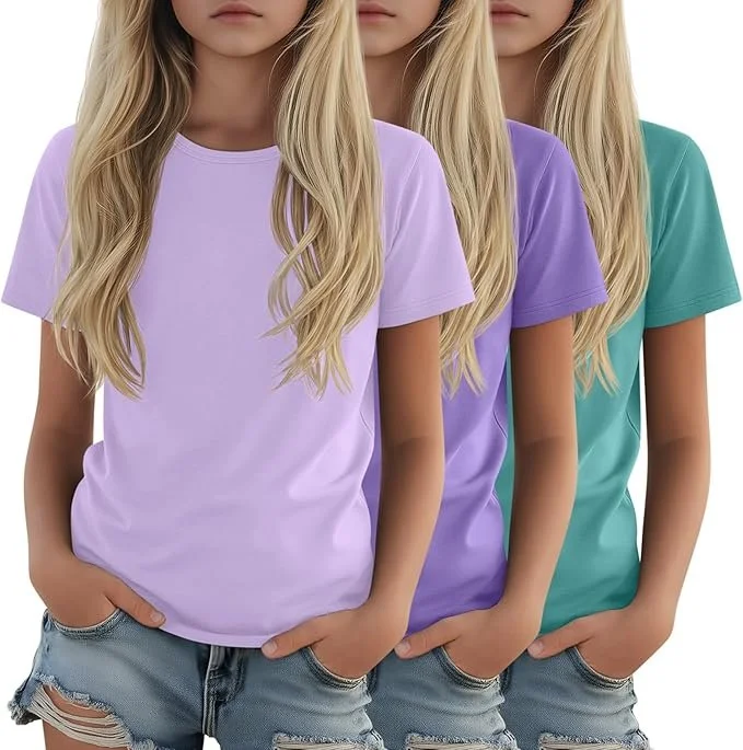 LessonZoo 3-Pack Girl's T-Shirts, Short Sleeve, Loose Fit - color Light Purple, Purple, Turquoise Blue.jpg
