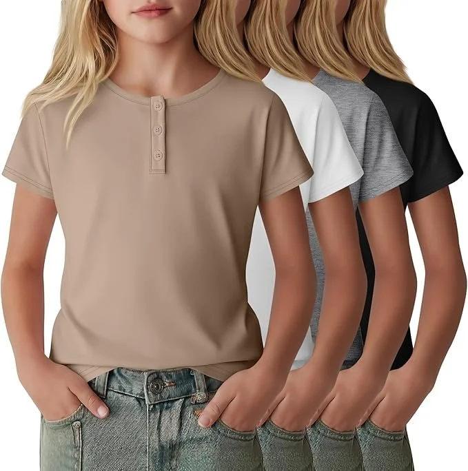 LessonZoo 4-pack Girl's Henley Shirt, Short Sleeve - color Khaki, White, Light Heather Gray, Black.jpg