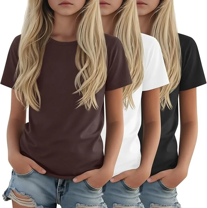 LessonZoo 3-Pack Girl's T-Shirts, Short Sleeve, Loose Fit - color Brown, White, Black.jpg