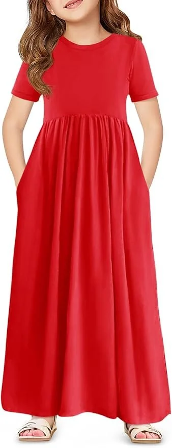 Haloumoning Girls Maxi Dress Short Sleeve - Color Red.jpg