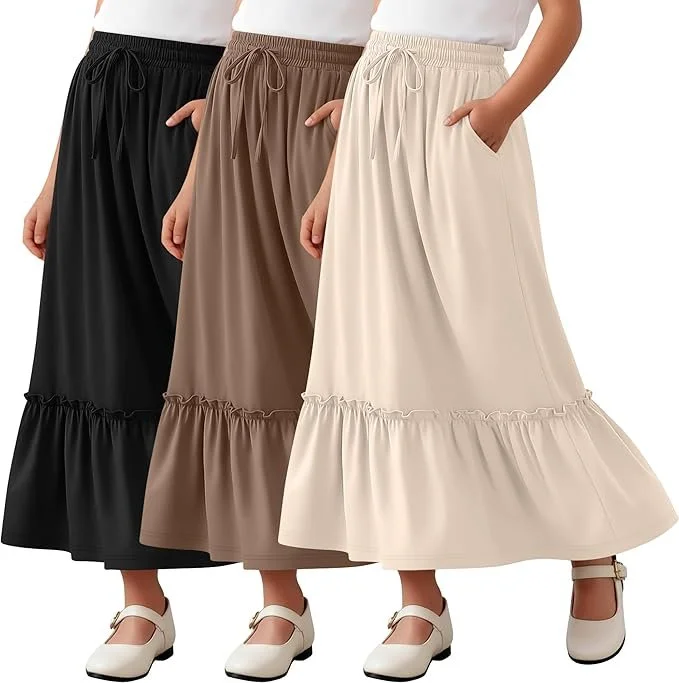 LessonZoo 3-Pack Girl's Maxi Skirts, 2-Tier, Drawstring Waist - color Cream, Brown, Black.jpg