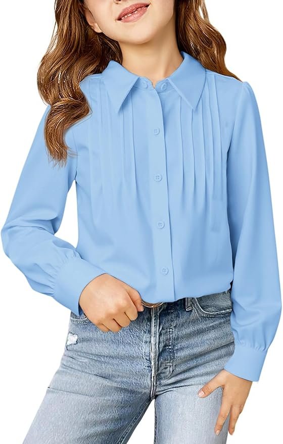 Haloumoning Girls Blouse, Long Sleeve, Pleated Button-Up Front - color blue.jpg