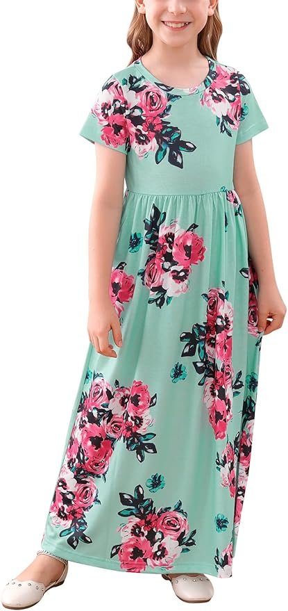 Gorlya Girl's Maxi Dress Short Sleeve - Color Teal Print (Aqua with Pink Flowers).jpg