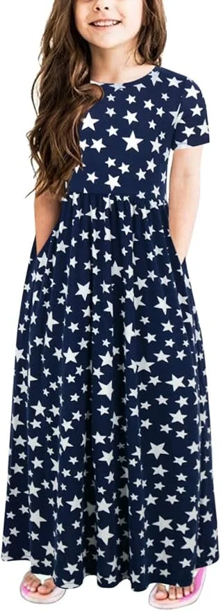 Gorlya Girl's Maxi Dress Short Sleeve - Color Navy Star (Navy with White Stars).jpg