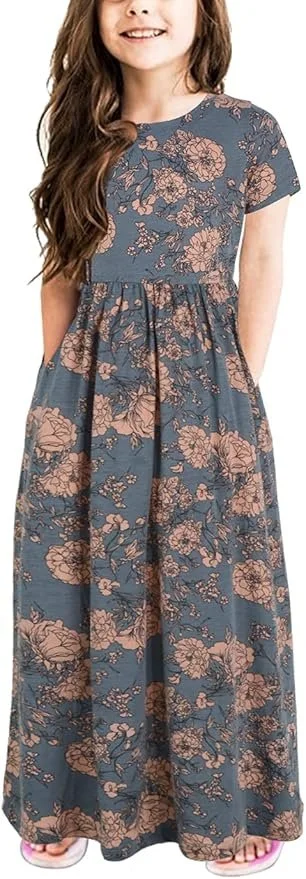 Gorlya Girl's Maxi Dress Short Sleeve - Color Gray Print (Gray with Tan Flowers).jpg