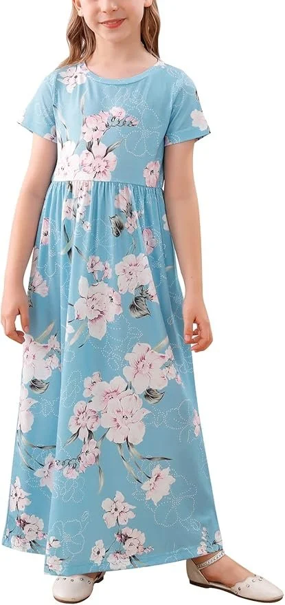 Gorlya Girl's Maxi Dress Short Sleeve - Color Sky Blue Print (Sky Blue with White Flowers).jpg