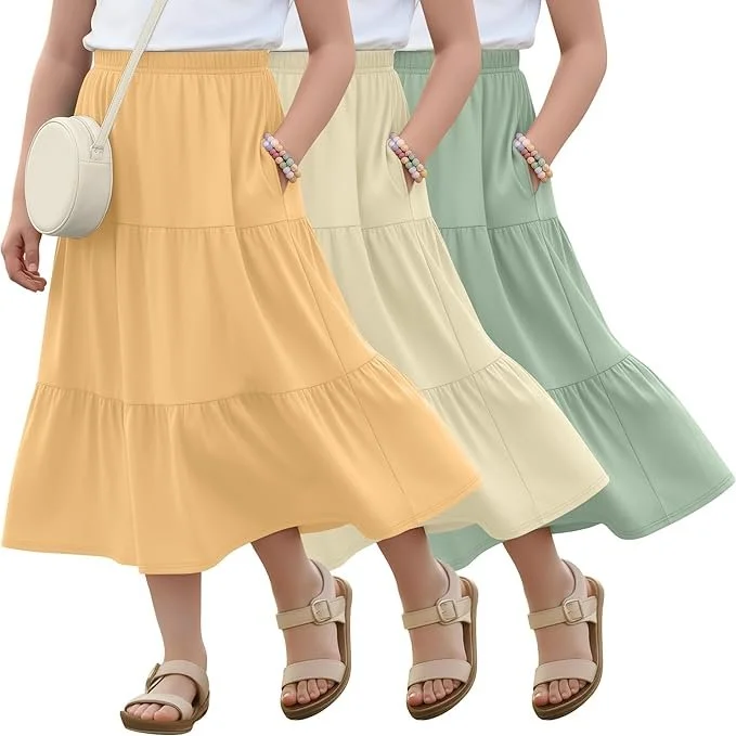 Lang 3-Pack Girl's Maxi Skirts, 3-Tiers, elastic waist - color Yellow, Light Yellow, Matcha Green.jpg