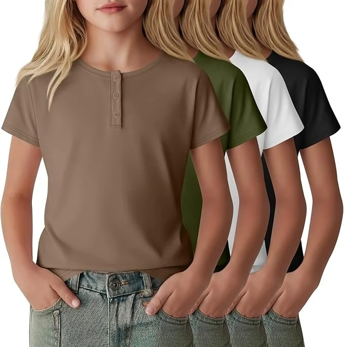 LessonZoo 4-pack Girl's Henley Shirt, Short Sleeve - color Coffee, Army Green, White, Black.jpg