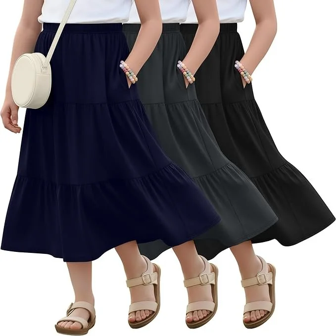Lang 3-Pack Girl's Maxi Skirts, 3-Tiers, elastic waist - color Navy Blue, Dark Gray, Black.jpg