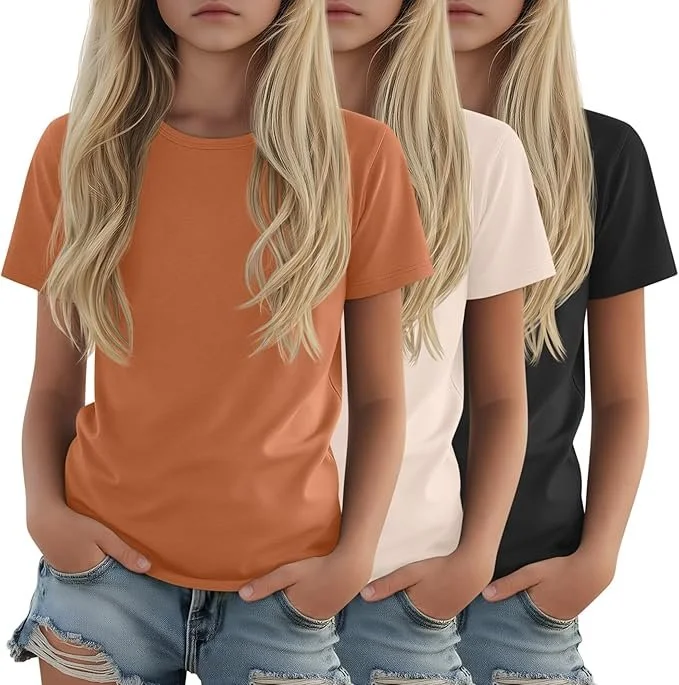 LessonZoo 3-Pack Girl's T-Shirts, Short Sleeve, Loose Fit - color Pumpkin, Cream, Black.jpg