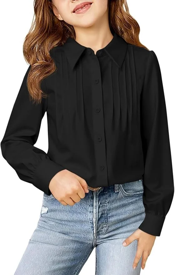 Haloumoning Girls Blouse, Long Sleeve, Pleated Button-Up Front - color black.jpg