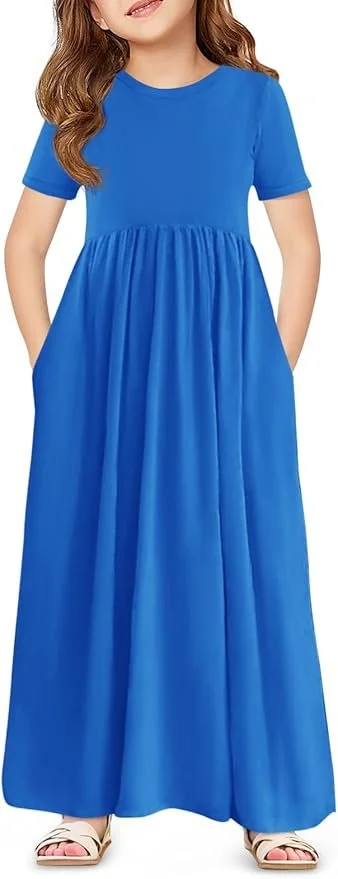 Haloumoning Girls Maxi Dress Short Sleeve - Color Blue.jpg