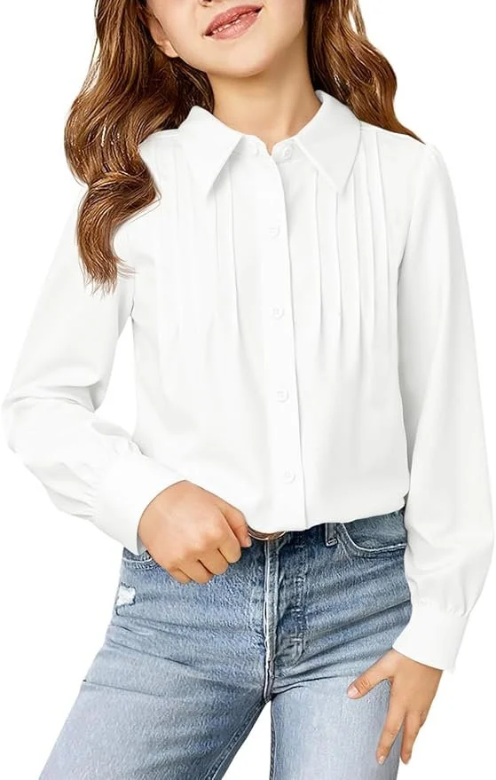 Haloumoning Girls Blouse, Long Sleeve, Pleated Button-Up Front - color white.jpg