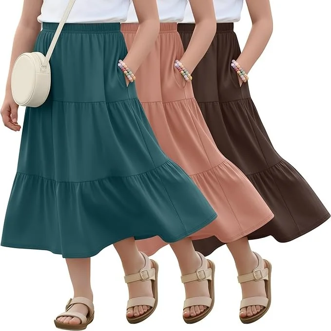 Lang 3-Pack Girl's Maxi Skirts, 3-Tiers, elastic waist - color Lake Blue, Cinnamon, Dark Brown.jpg