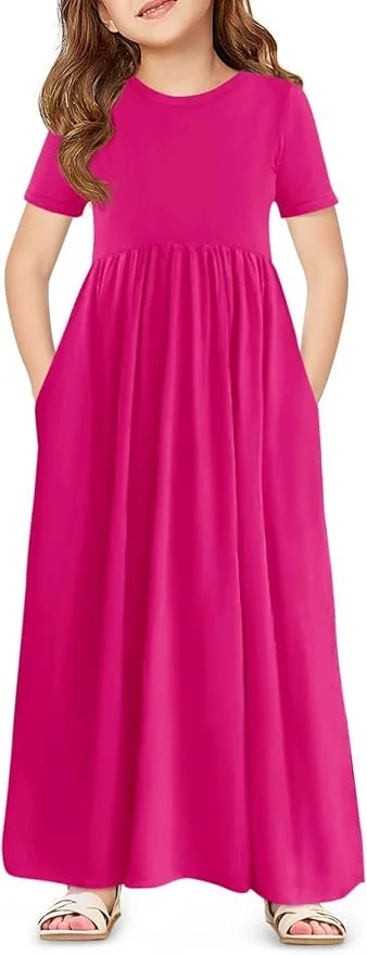 Haloumoning Girls Maxi Dress Short Sleeve - Color Rose Red.jpg