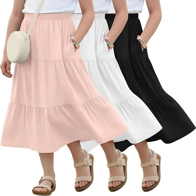 Lang 3-Pack Girl's Maxi Skirts, 3-Tiers, elastic waist - color Light Pink, White, Black.jpg