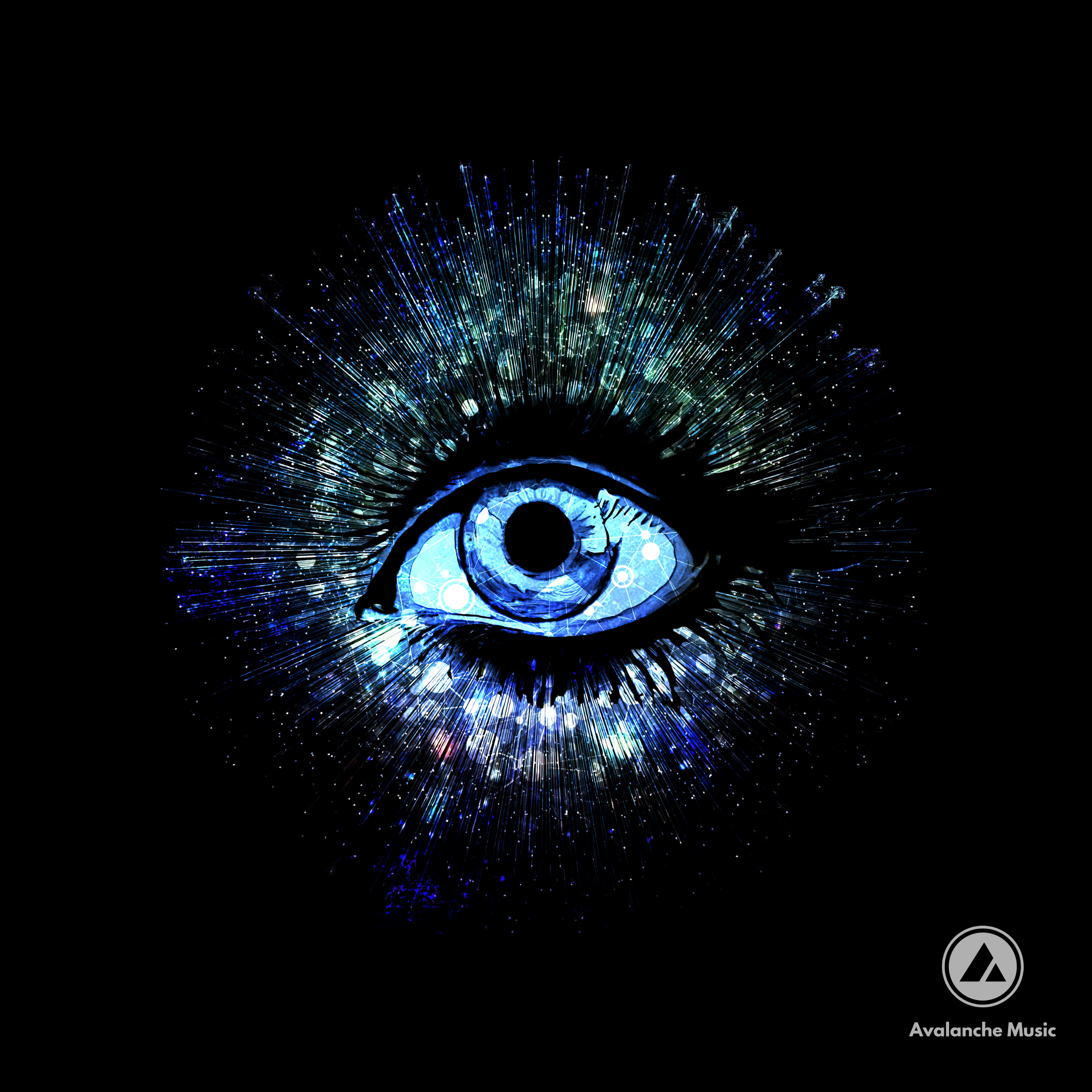 Œil bleu luminescent entouré d'effets de lumière et d'éclats de couleurs dans un style numérique abstrait. Logo Avalanche Music en bas à droite.