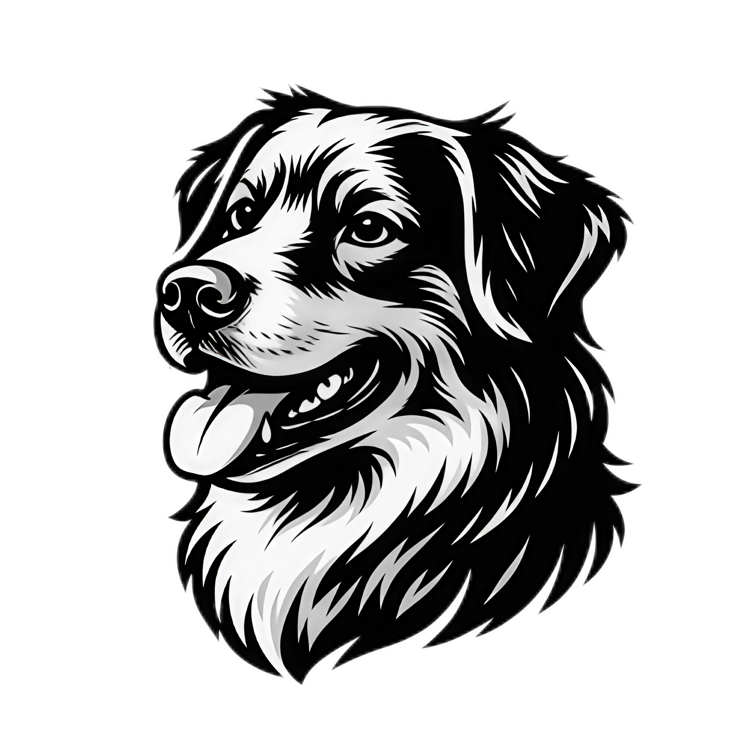 Illustration en noir et blanc d'une tête de chien de race berger, avec langue sortie, expression amicale, détails dans la fourrure.