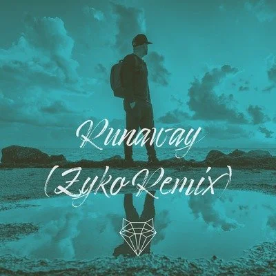 Une personne debout sur la plage regardant le ciel avec des nuages, reflet dans une mare, avec texte "Runaway (Zuko Remix)" et un symbole géométrique en bas.