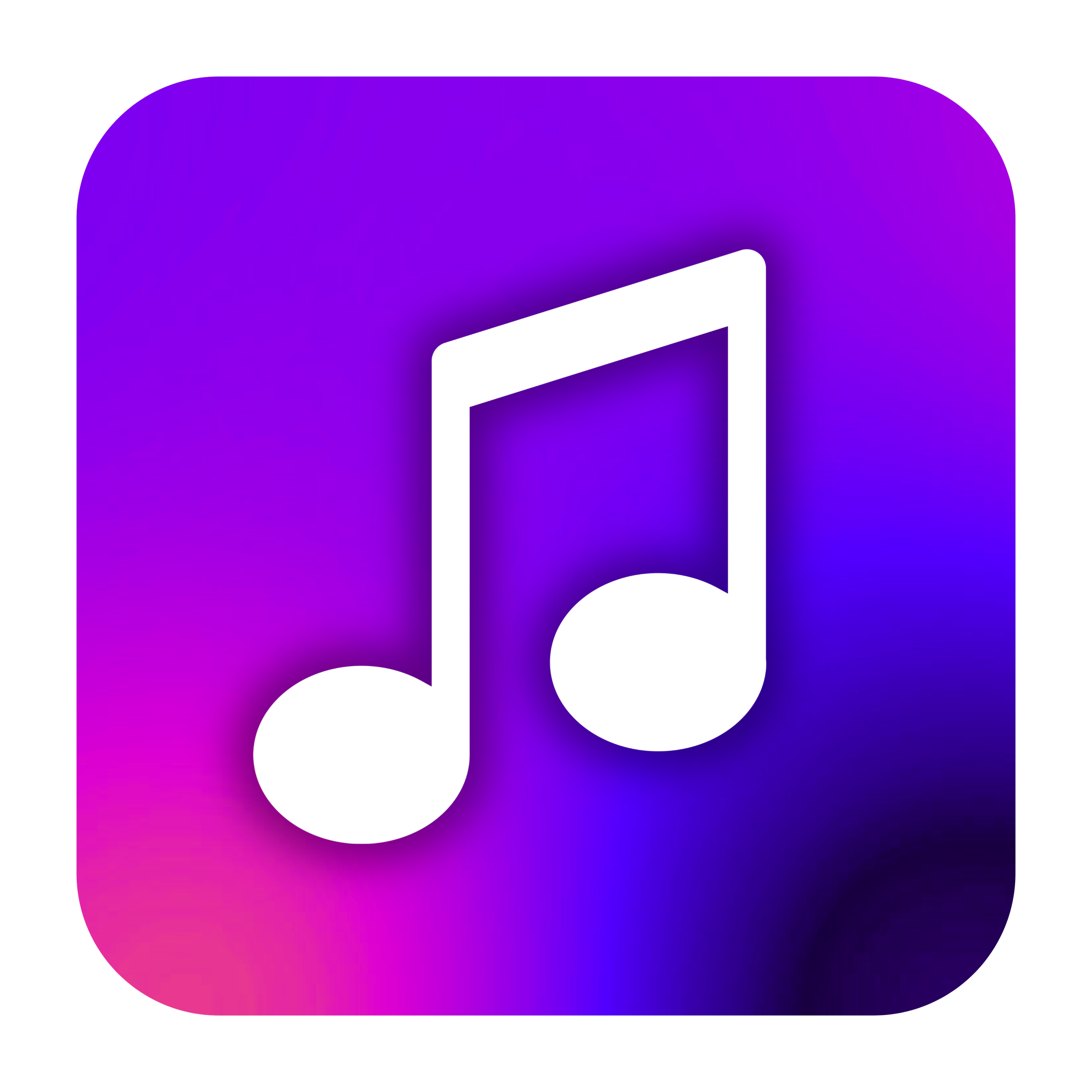 Icône de note de musique blanche sur un fond de dégradé violet et rose.