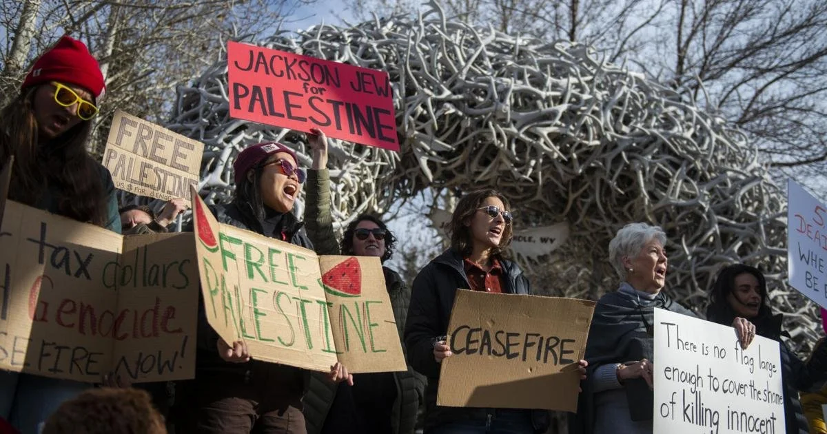 Jackson Hole for Free Palestine protestors gather at the Town Square in Jackson, WY.