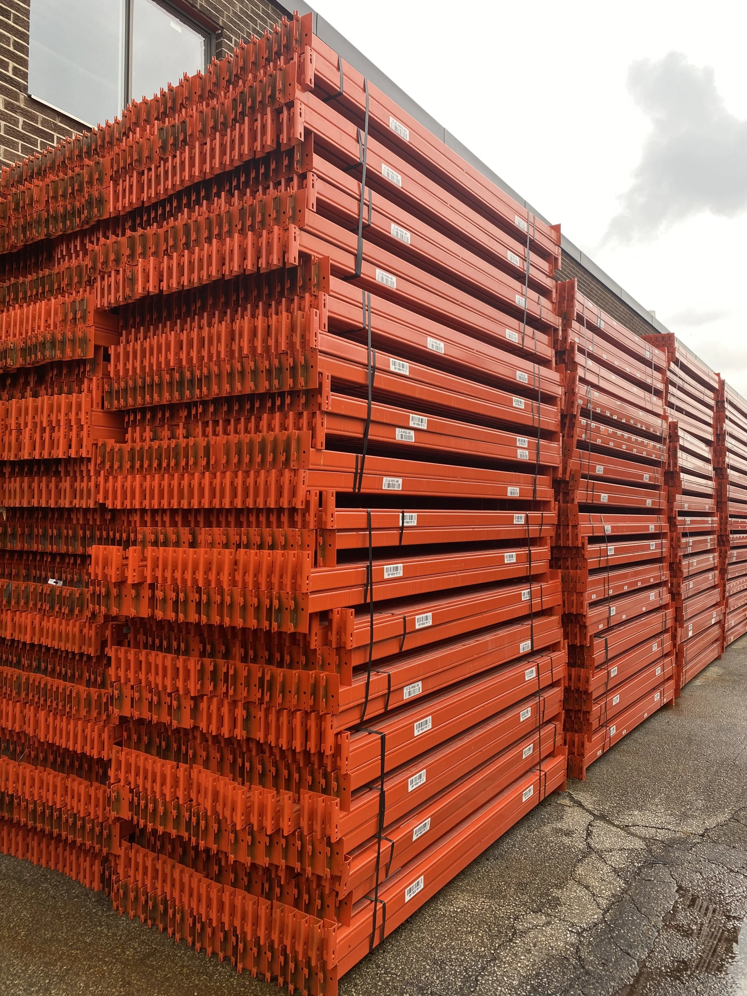 1000's of used 8' x 3" RediRack pallet rack beams in stock at our warehouse