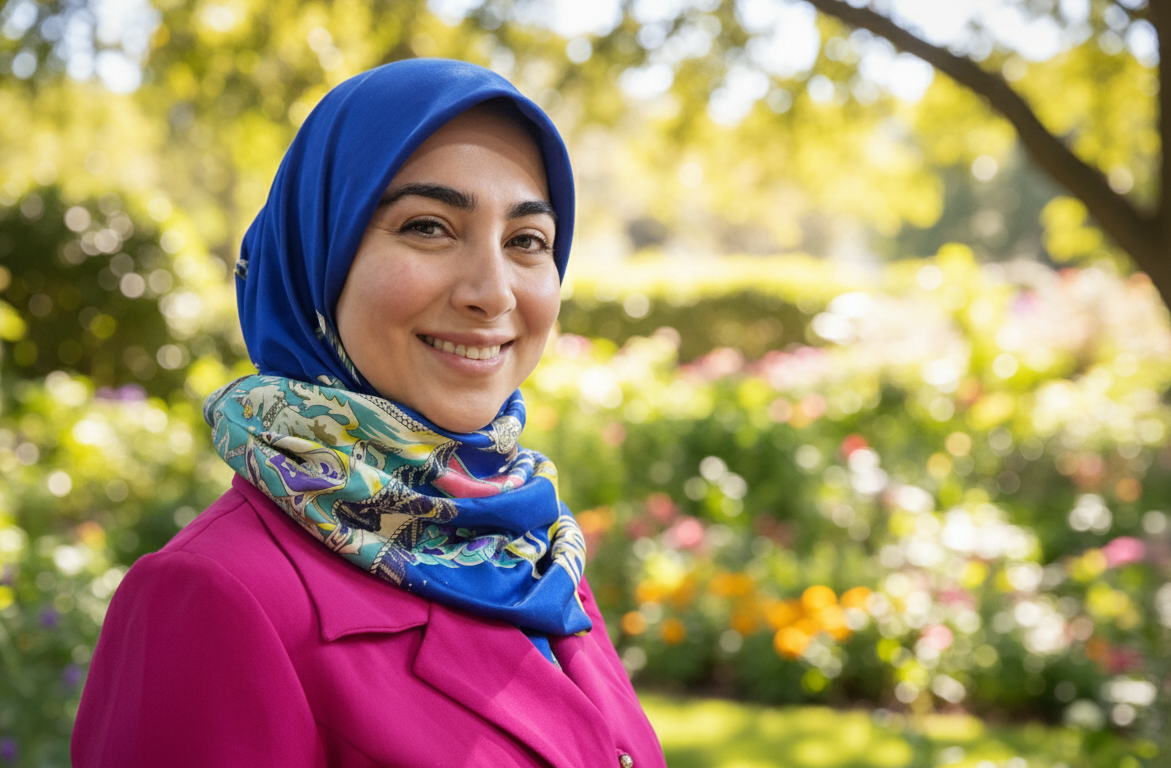 Headshot of Zahra Moovasi wearing and a pink blazer and blue headscarf.