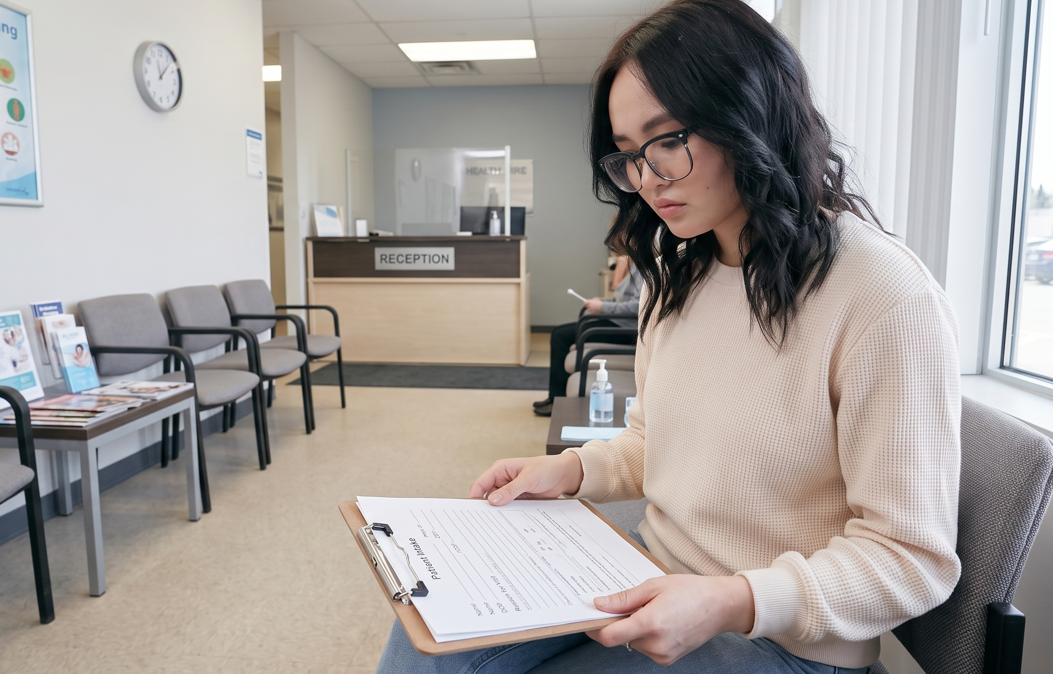 Woman in a waiting room, looking at a patient intake form