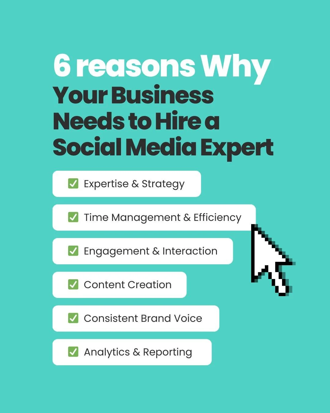 Struggling to keep up with your brand’s social media?
Here are 6 reasons why hiring a social media expert might be the smartest move for your business:
✅ Expertise & Strategy
✅ Time Management & Efficiency
✅ Engagement & Interacti