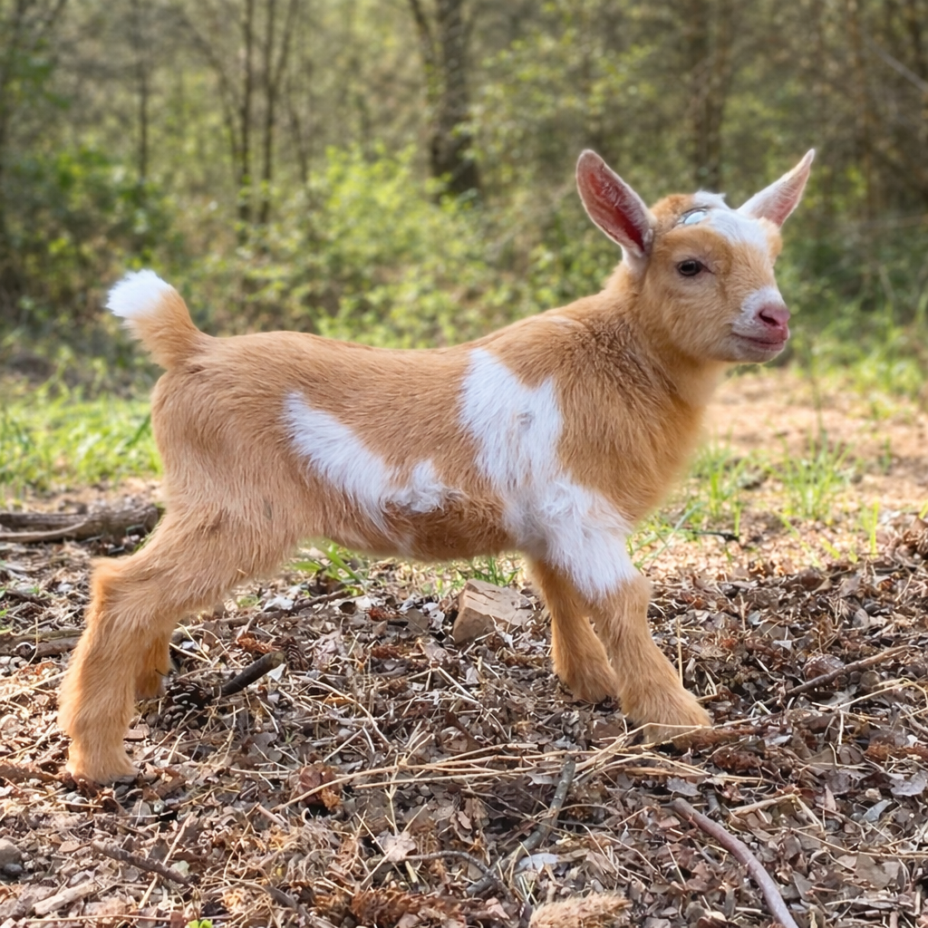 Young goat in a woodland setting.png