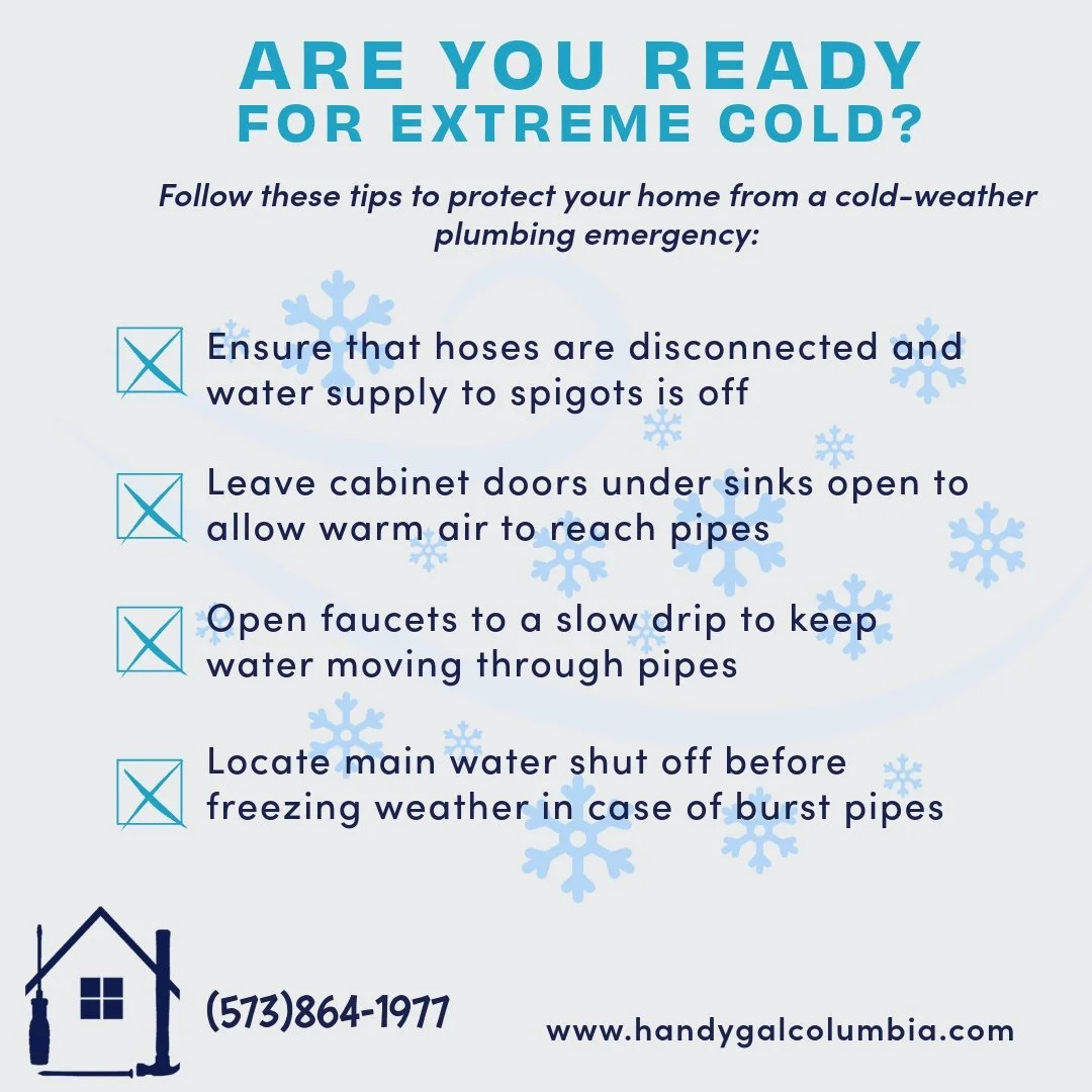 ❄️ It's going to get COLD in Mid-MO starting tonight, and it's time to start checking items off your cold weather prep checklist! 

As temps drop, protect your home by:

✔️ Letting faucets drip
✔️ Covering outdoor spigots
✔️ Opening cabinet doors for