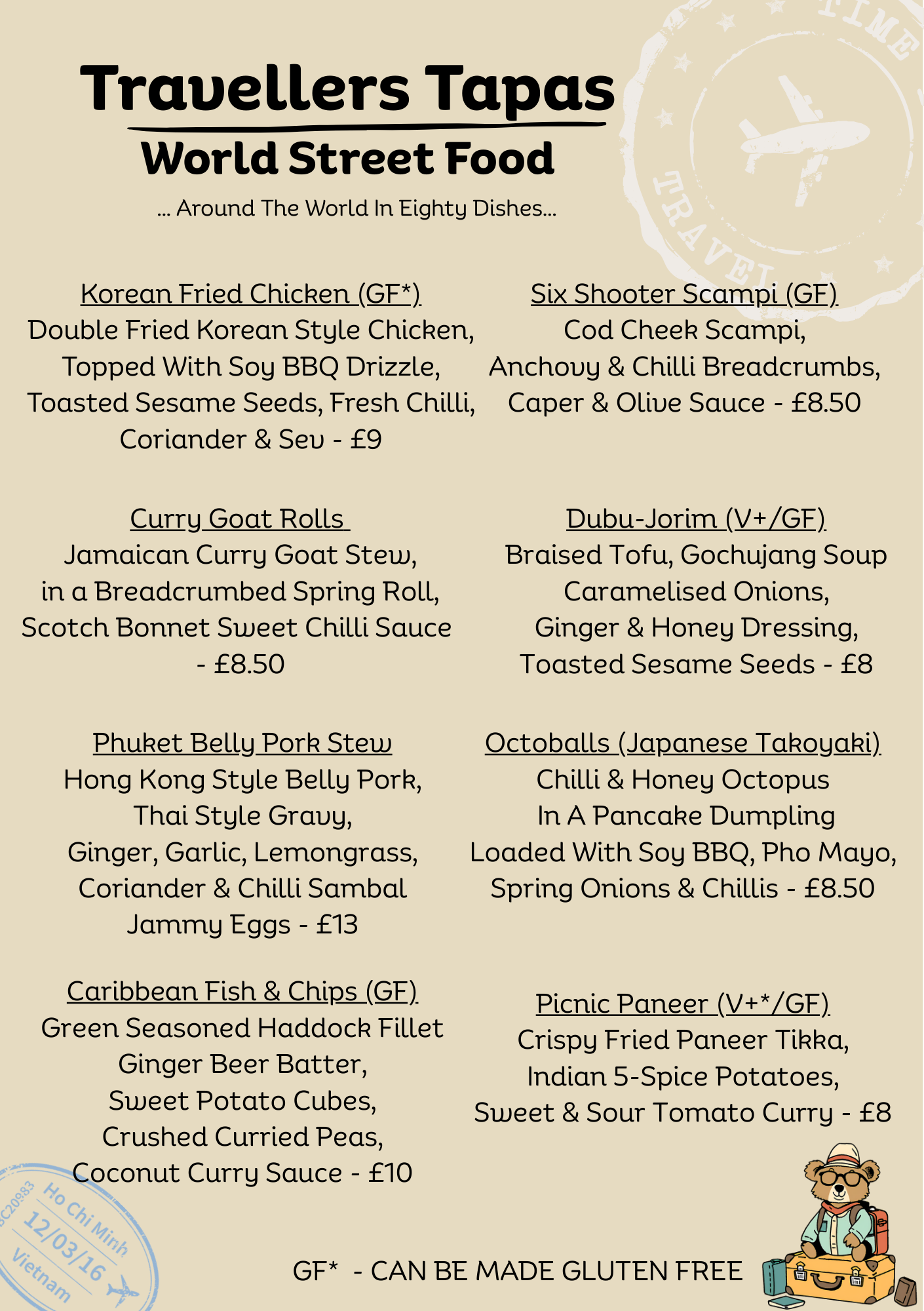 Menu titled "Travellers Tapas" featuring a variety of world street food dishes, including Korean Fried Chicken, Six Shooter Scampi, Curry Goat Rolls, Phuket Belly Pork Stew, Caribbean Fish & Chips, Dubu-Jorim, Octoballs, and Picnic Paneer, with prices listed and gluten-free options indicated.