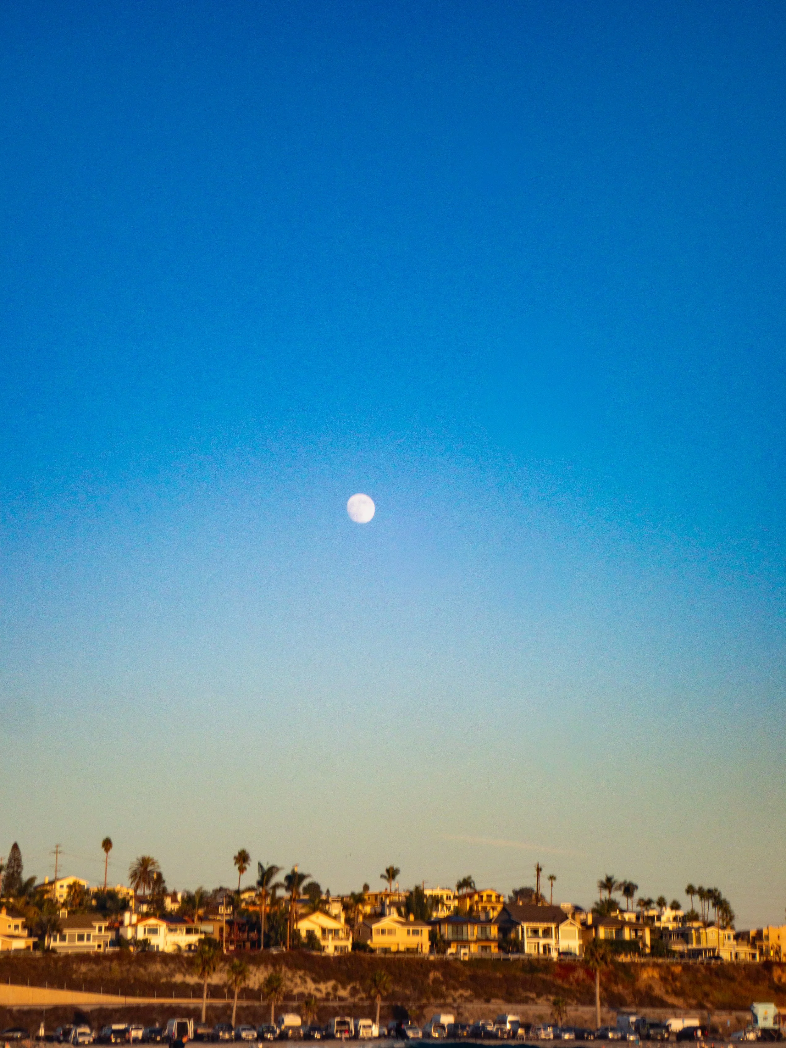 A coastal residential area under a clear blue sky with a visible full moon.