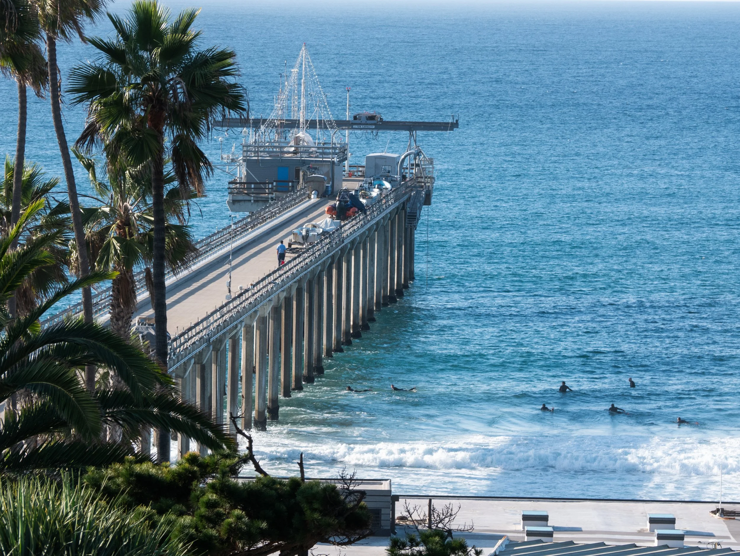 Pier extending into the ocean with palm trees in the foreground and surfers in the water.