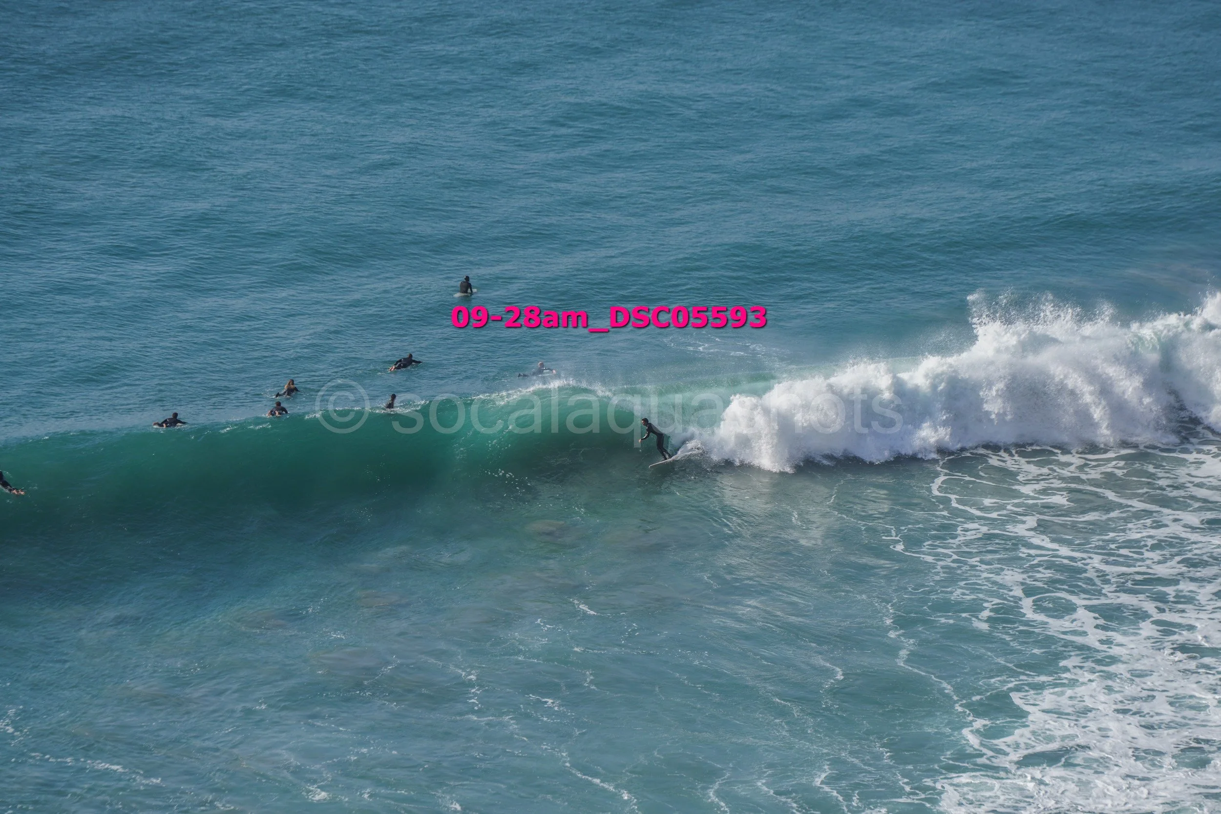 A surfer riding a wave with several surfers in the water watching behind, on the ocean in daylight.