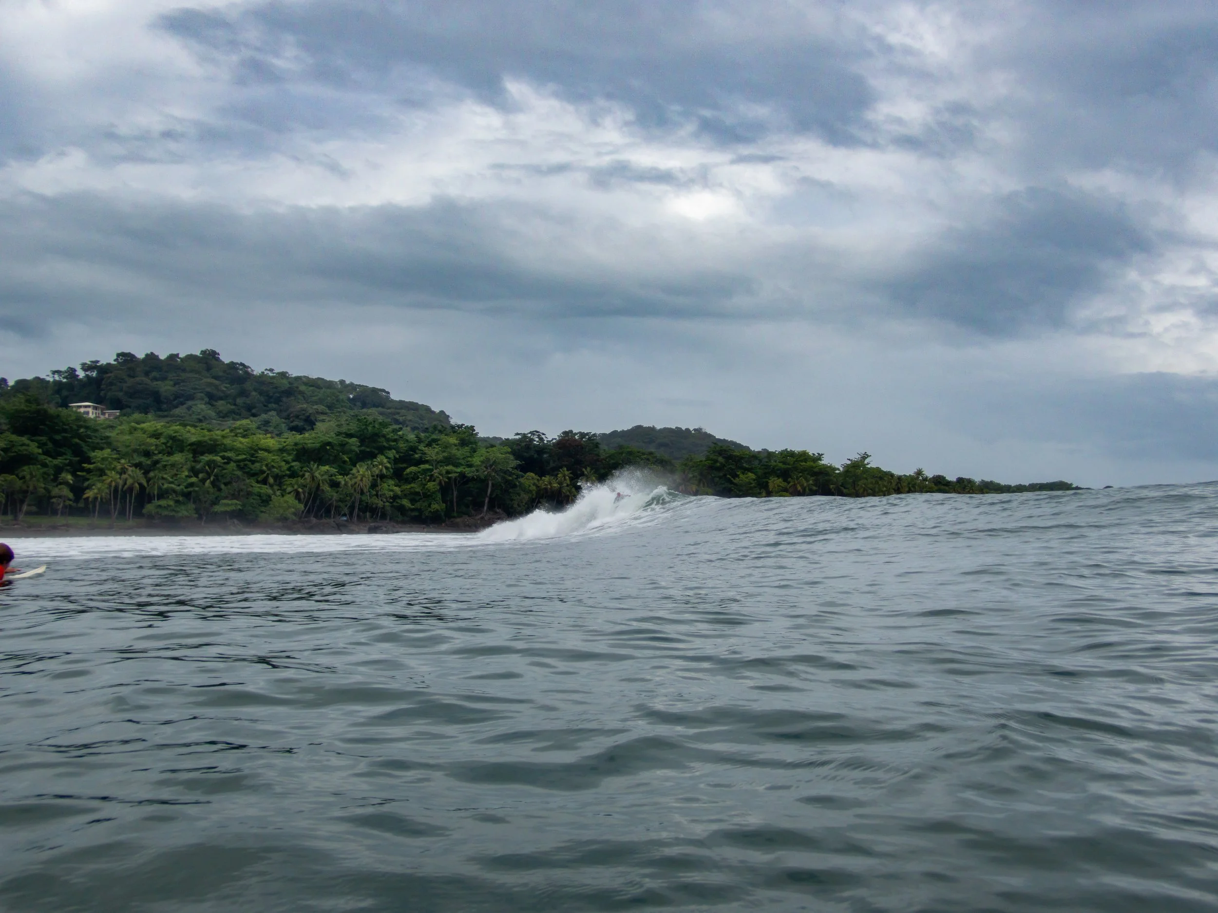 Ocean waves near jungle-covered coastline under cloudy sky