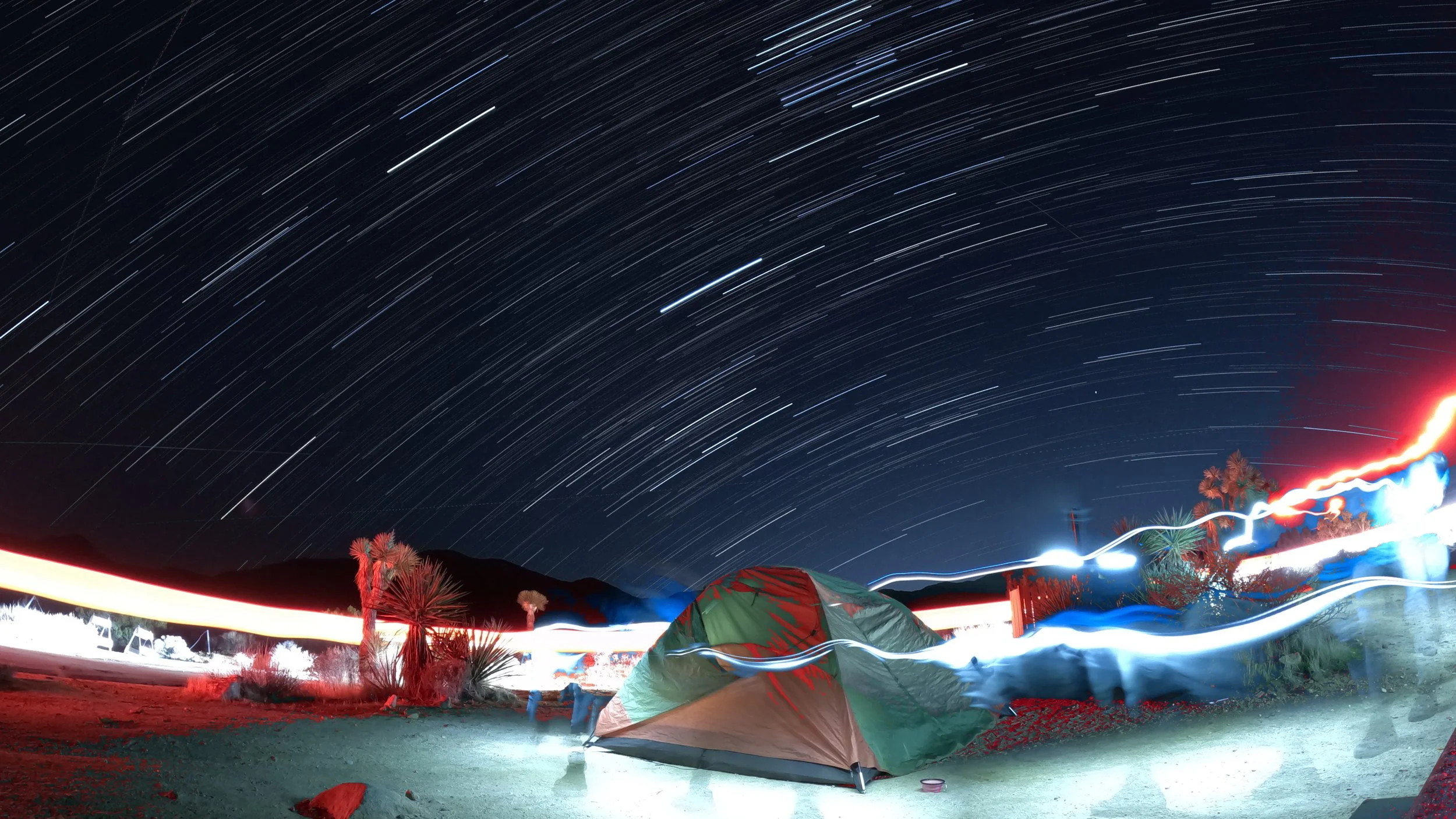 Nighttime desert scene with a tent, star trails in the sky, illuminated desert plants, and light streaks from moving lights.